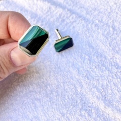 ヴィンテージ　カフス　緑　瑪瑙 メノウ  シルバー レトロ　黒　グリーンの画像