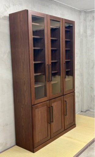 河口家具製作所 食器棚 カップボード キッチンボード フリーボード 本棚 棚 3枚ガラス扉付！120cm