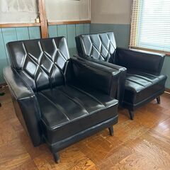 ヴィンテージ 応接セット ダイヤステッチ レトロ 2掛けソファ 1人用2セット ブラック 黒 50'sの画像