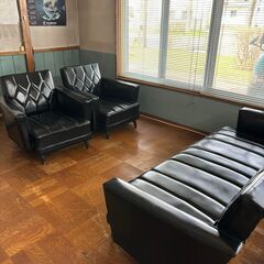 ヴィンテージ 応接セット ダイヤステッチ レトロ 2掛けソファ 1人用2セット ブラック 黒 50'sの画像