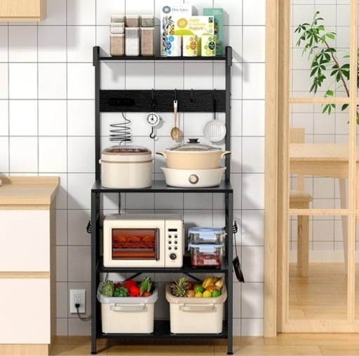 【新品】キッチンラック ブラック レンジ台 幅60cm 電子レンジラック 2口コンセント付き 炊飯器台 レンジボード キッチン収納