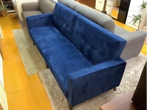 【リサイクルサービス八光】幅203cm　3人掛け　ベルベット ソファベッド　ブルー