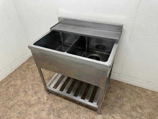 ステンレス　業務用　２槽シンク流し台　水切り付き　厨房　飲食店　W８００ｘD６００ｘH８００ｍｍ