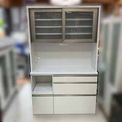 【受付終了】人気カラー♬ホワイト食器棚ワイド ガラス引き戸 収納多 配送設置無料♬