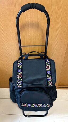 【取引先決定】おしゃれ買い物カート(黒×花柄)　バッグ部42 x 30 x 19　高さ86