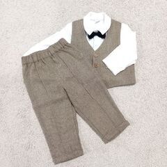 【お取引中】【キッズフォーマルスーツ】90／6点セット／シャツ・ベスト・パンツ・ハンチング・サスペンダー・蝶ネクタイ／ブラウンヘリンボーンの画像