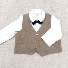 【お取引中】【キッズフォーマルスーツ】90／6点セット／シャツ・ベスト・パンツ・ハンチング・サスペンダー・蝶ネクタイ／ブラウンヘリンボーンの画像