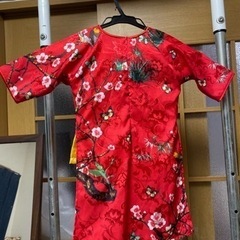 子供用 ベトナム伝統衣装　赤　シルク　花柄　アオザイセットアップ　一点物の画像