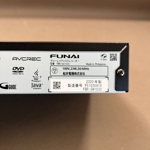 FUNAI FBR-SW1030 フナイ ブルーレイレコーダー HDD 1TB 2020年製 4K 2番組同時録画 ブルーレイディスク