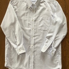 【中古美品】ワイシャツ　ボタンダウン　長袖　カッターシャツ　ビジネス　Lサイズ　白地に青色3本線のストライプの画像