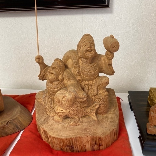 屋久杉認定付) 七福神 恵比寿天 大黒天 置物 木彫 縁起物 座像 座布団付
