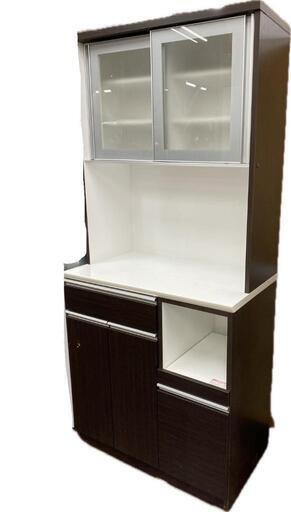 ニトリ キッチンボード 食器棚 横幅 約89cm×奥行50.5cm×高さ200cmレンジボード ブラウン 木目調 ×ホワイト ツートンカラー 食器棚 キッチン収納