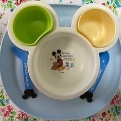 《お取引終了》【中古】ミッキーマウス 食べこぼしキャッチプレート 握りやすいスプーン・フォーク付 キッズプレート 幼児食 子ども用品 子供の食器 錦化成 生活雑貨の画像