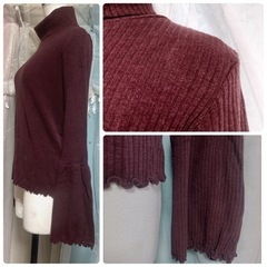 ꒰person&people꒱タートルネック ベルスリーブ リブニット小豆色長袖の画像