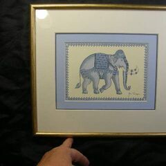 タイ製作 アジア象のカラーリトグラフ 額装品 長期保管品 取りに...