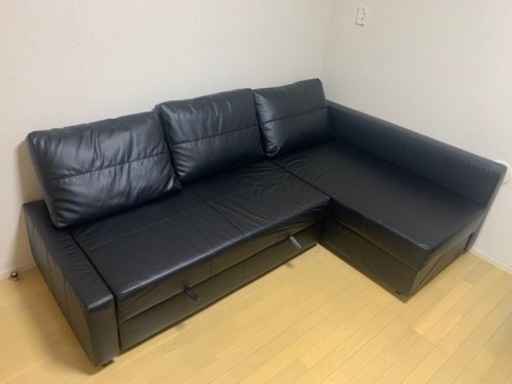 IKEA フリーヘーテン　合皮レザー　ブラック　L字ソファ　ソファーベッド