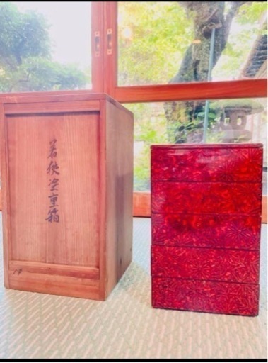 アンティーク品(昭和12年)5段 若狭塗りお重＆木箱のset