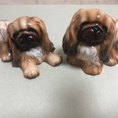 希少品ペキニーズ(フォーン) 2匹陶器置物アンティーク［美品