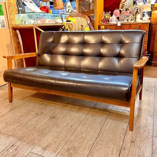 木製フレーム 二人掛けソファー ソファ ブラック 黒 幅135奥70高70cm★買取帝国 志木店