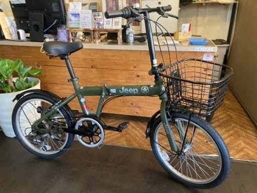 【Jeep 前後タイヤ・チューブ新品！】6段変速　20インチ折りたたみ自転車　ストーン柄モスグリーン