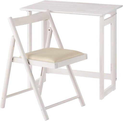 【未使用品、元値￥14,780】ぼん家具 折りたたみ デスク＋チェア 2点セット 天然木 机 テーブル 椅子 おしゃれ デスクセット ホワイト