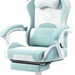 新品未使用品　組立済み　 Dowinx ゲーミングチェア 水色 白 可愛い かわいい にゃんこ 猫耳 ヘアピン 鈴付き 猫柄 pc/オフィスチェア ゲーム用 パソコンチェア 幅広 通気性 リクライニング ハイバック 昇降アームレスト PUレザー LS-665509の画像