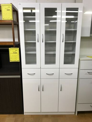 【FU825】★N▲食器棚 3枚扉  ホワイト  89×40×179.5  大容量  ファミリータイプ  シンプル おしゃれ   キッチン家具 収納家具 クリーニング済 堺市 深井 【ジャングルジャングル深井店】