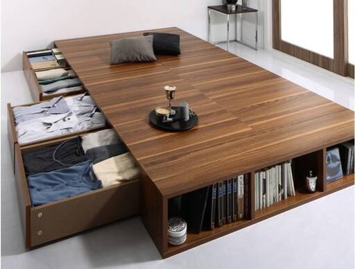 フレームのみ【アウトレット品】セミダブル ４杯収納 脚元棚付き ウォルナットブラウン・4094