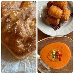 じゃがいも入り厚焼きフォカッチャ&ガスパチョ、クロケッタ