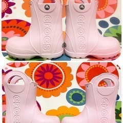 【値下】15cm CROCS 長靴 C7 クロックス レインブーツ　薄いピンク 薄いパープル 中古の画像