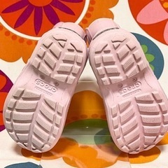 【値下】15cm CROCS 長靴 C7 クロックス レインブーツ　薄いピンク 薄いパープル 中古の画像