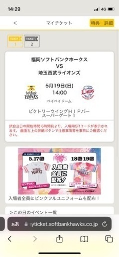 5/19 ホークス戦ペアチケット