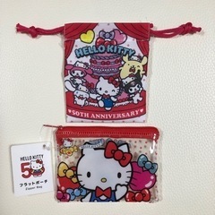 新品♡ハローキティ50周年限定　フラットポーチ&巾着　2点セット...