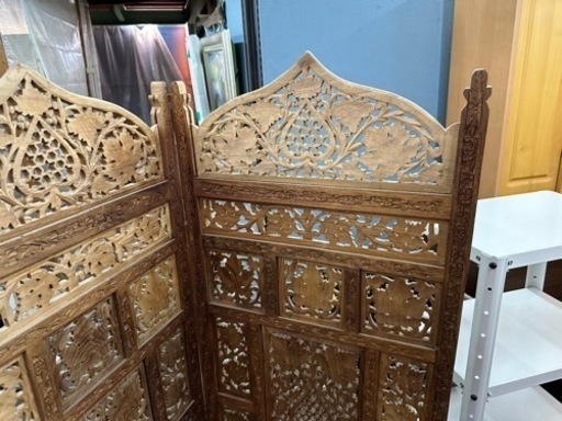 昭和レトロ 手彫り 草花文透かし  衝立 パーテーション 唐木 アジアン家具  木工芸
