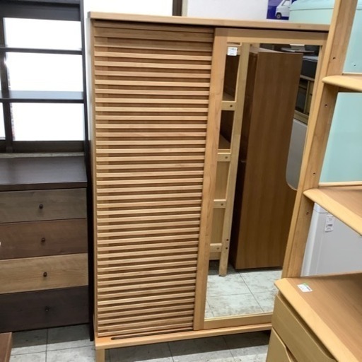 ミニワードローブ　スライド扉　ミラー付　ナチュラル