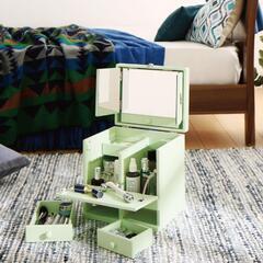 【新品、ワケあり】三面鏡　メイクボックス　コスメボックス　グリーン　