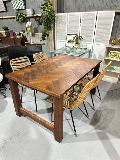 ★ダイニングセット ４人用★ ウッドテーブル ヘリンボーン 南国 アジアン バンブーチェア W1400