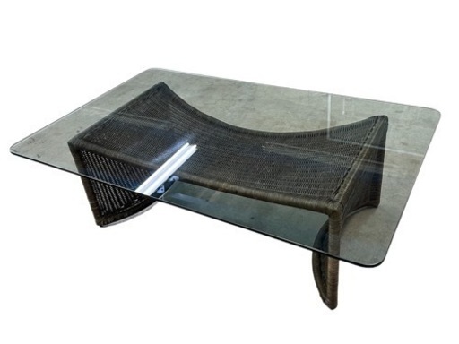 NO.1446 ラタン ガラステーブル ローテーブル アジアン ガラス天板 中古