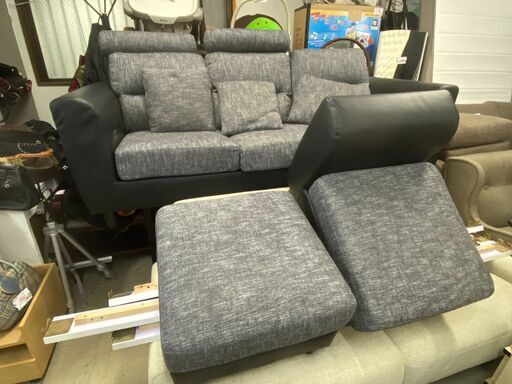 3人掛けソファ　No.12263　布張り　グレー/ブラック　オットマン付き　【リサイクルショップどりーむ荒田店】