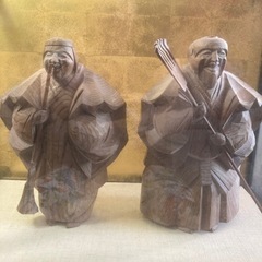 木彫りの翁と嫗　飛騨一位一刀彫　西村公之作　ショーケース入り　置物　大きめです◎の画像