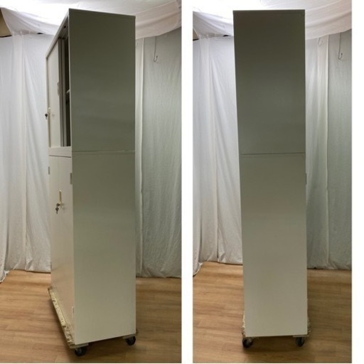 MJ232【鍵付き書庫】上段引戸 下段観音開き ホワイト 88cm×38cm×185cm キャビネット 収納庫