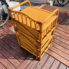 レトロ ヴィンテージ 3段ラタンラック 籐家具 ディスプレイ 引き出し付きの画像
