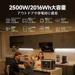 ポータブル電源 2500W/2016Wh大容量バッテリー新品 3500+回サイクルリン酸鉄リチウム蓄電池 1時間フル充電 次世代パススルーUPS エコモード省エネの画像