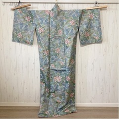 ⑥【新品未使用】着物  花柄 総花柄 くすみ ブルー 正絹 着物 レディースの画像