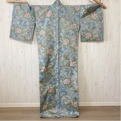 ⑥【新品未使用】着物  花柄 総花柄 くすみ ブルー 正絹 着物...
