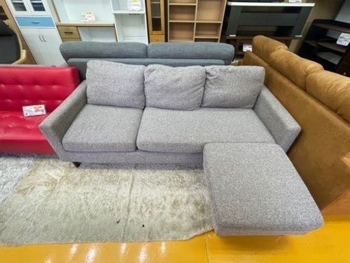【リサイクルサービス八光】幅196㎝　グレー　3人掛けカウチソファ　オットマン付き