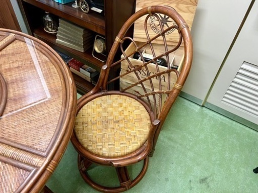 ヴィンテージ【ラタンの老舗 KAZAMA ダイニングテーブル ダイニングチェア 2脚セット】籐家具 軽量 ラタン アンティーク 