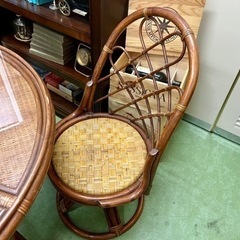 ヴィンテージ【ラタンの老舗 KAZAMA ダイニングテーブル ダイニングチェア 2脚セット】籐家具 軽量 ラタン アンティーク の画像