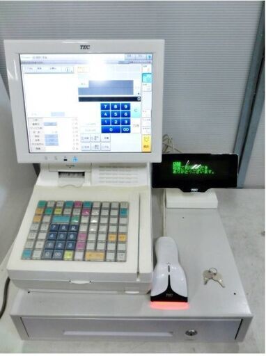 東芝テック　POS　ターミナル　QT-100　動作良好　ドロワー 鍵2本(　DRW-4650V6-F1　)　スキャナー(　HS-570-U)　　レジ　コンパクト　TEC