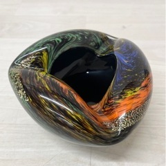 【中古品】ガラス 灰皿 カメイガラス 昭和レトロ 喫煙グッズ オブジェ インテリア 生活雑貨 金箔マーブル模様　の画像